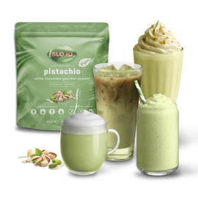SLO-JO Pistachio White Chocolate powder packaging ideal for home barista use