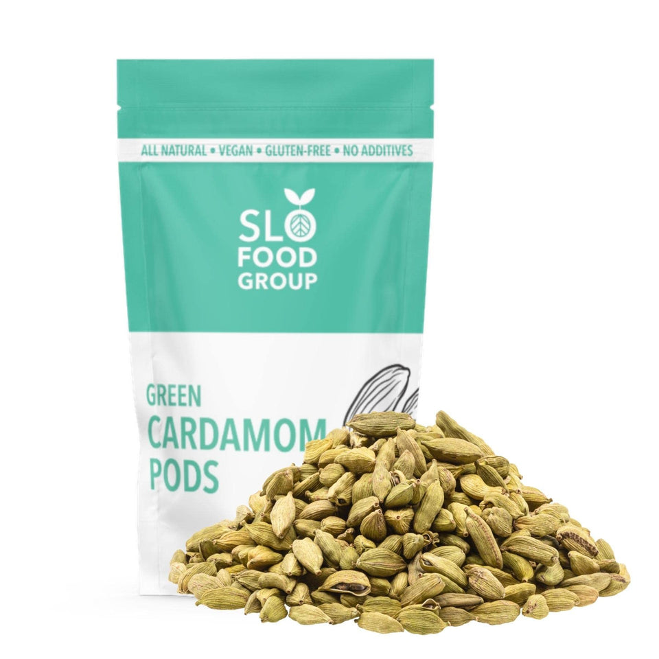 Slofoodgroup Green Cardamom Pods close-up showing whole pods ideal for curries and chai