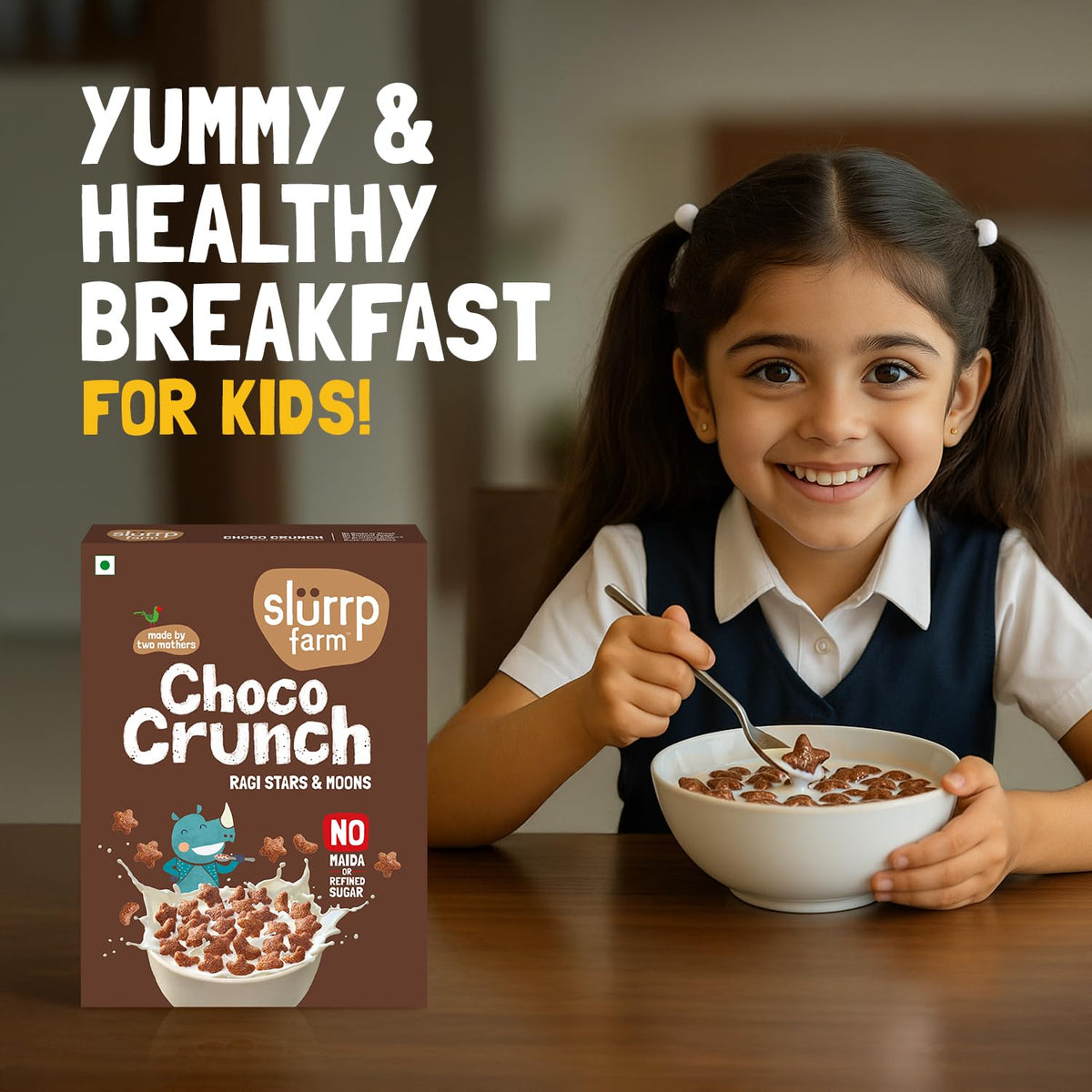Slurrp Farm Choco Crunch Ragi Cereal milk being poured for a quick breakfast