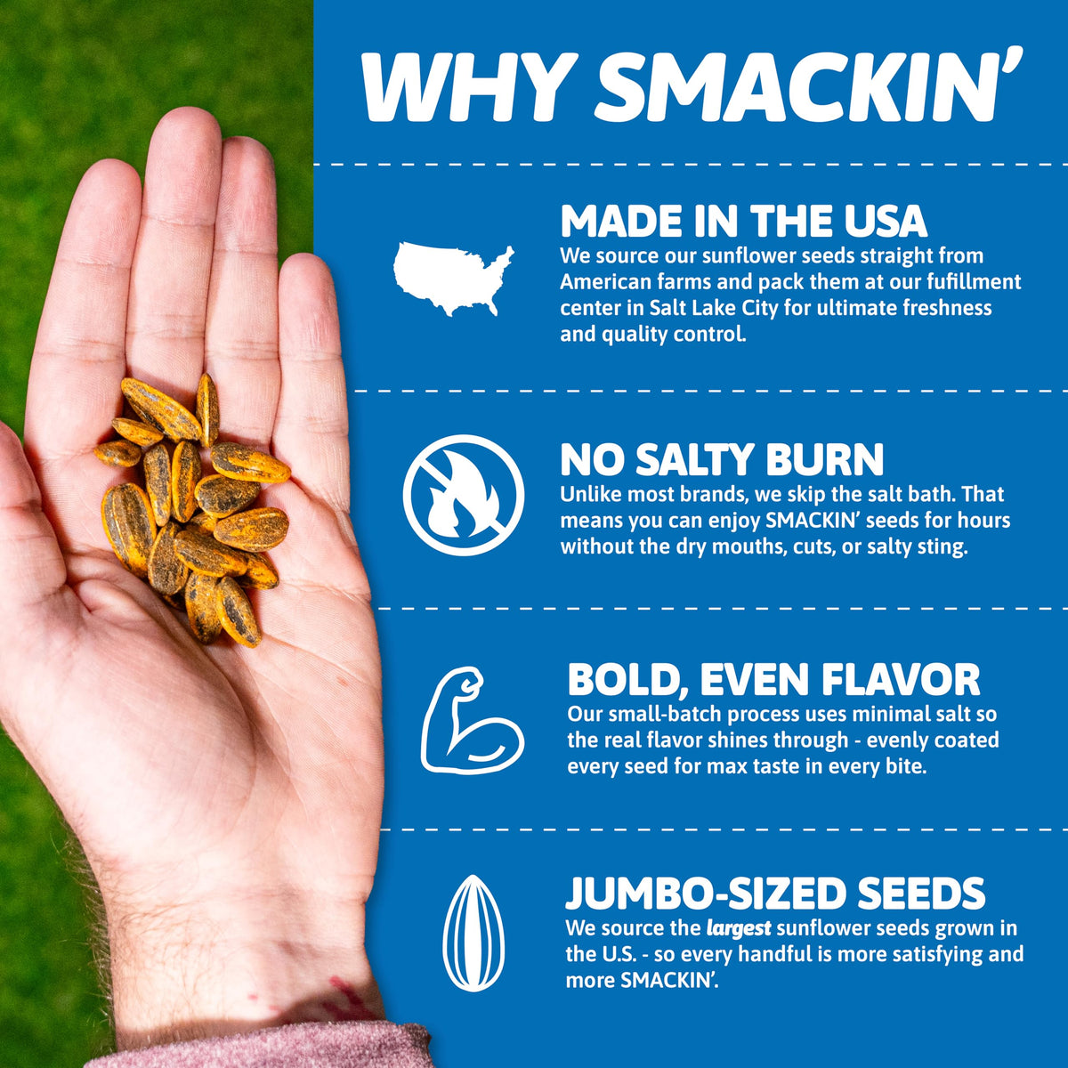 SMACKIN' Sunflower Seeds American Made label emphasizes domestic sourcing.