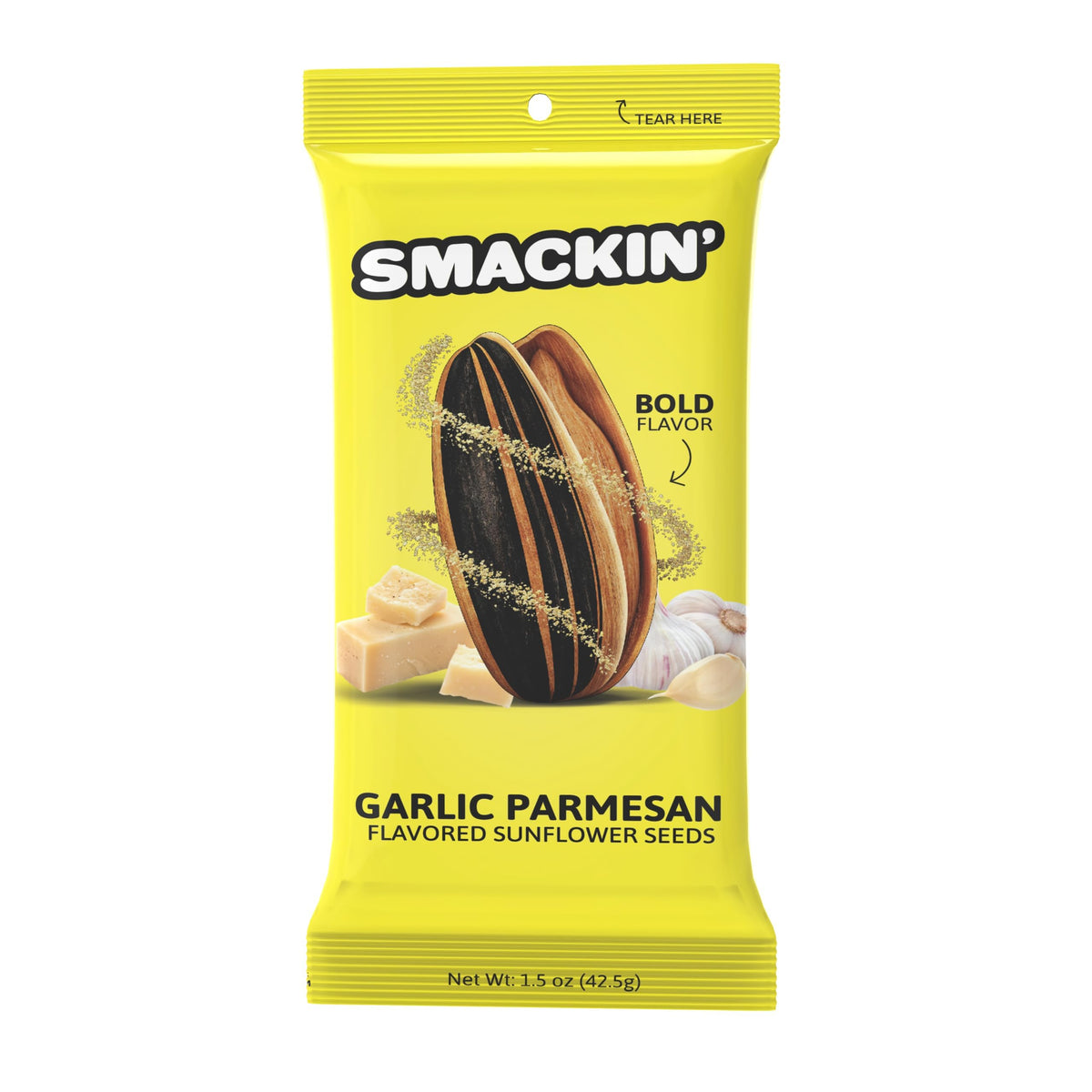 SMACKIN' Sunflower Seeds garlic parmesan bag close-up, keto-friendly snack