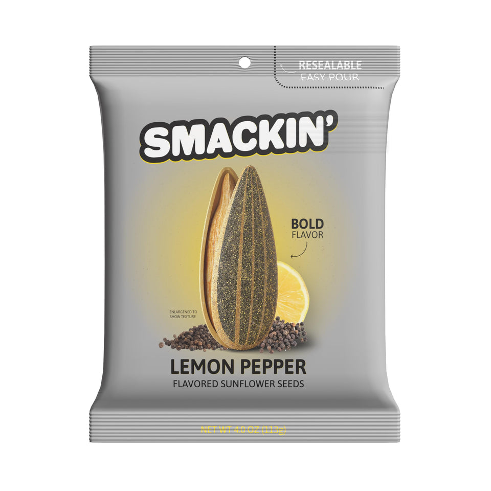 SMACKIN' Lemon Pepper sunflower seeds front bag shows bold flavor