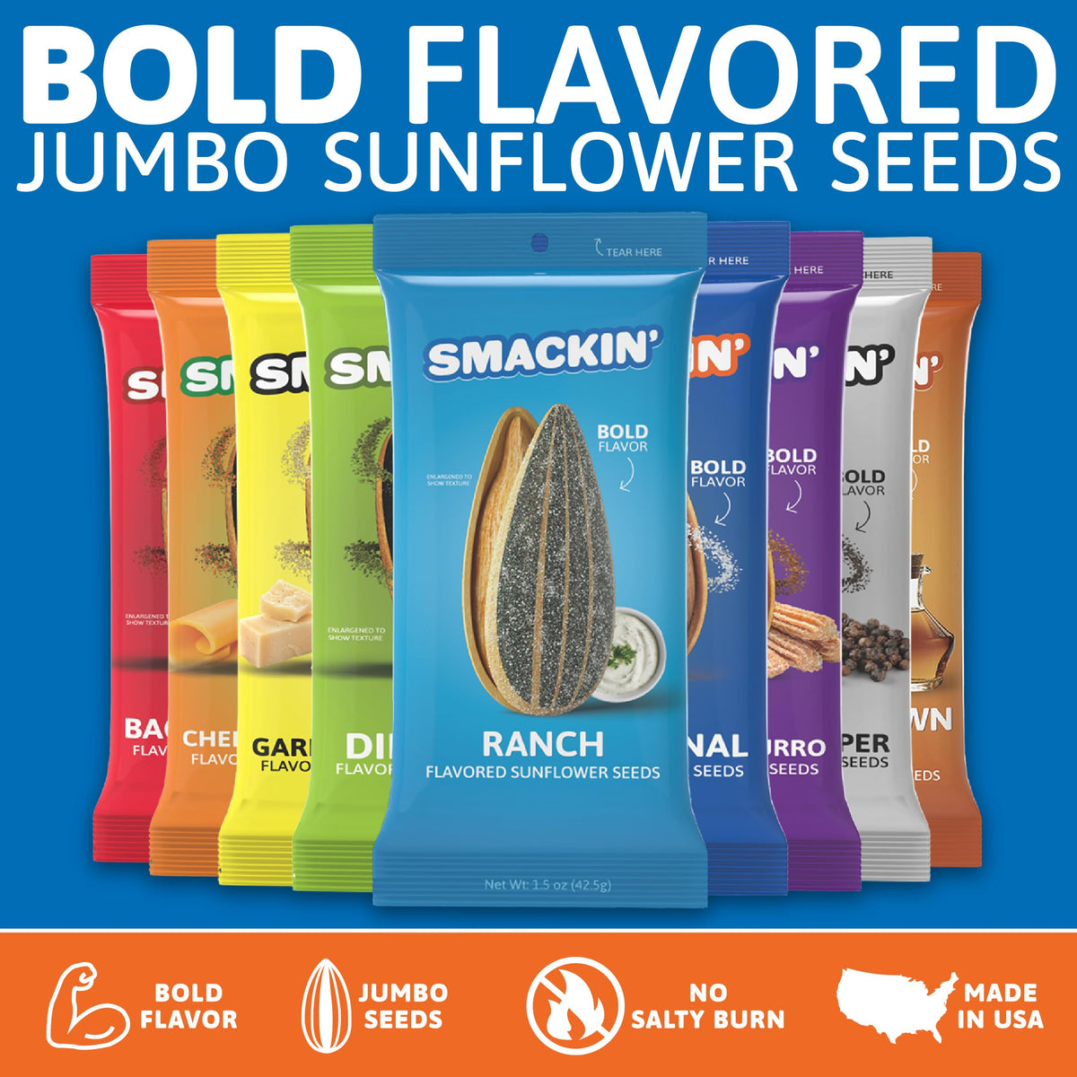 Made-in-USA SMACKIN' Sunflower Seeds seal on packaging.