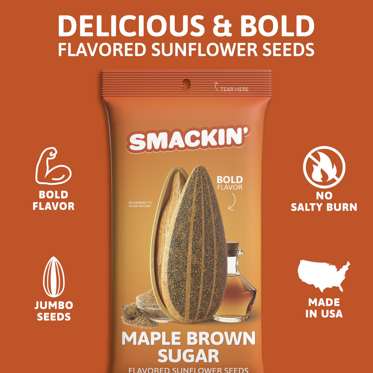 SMACKIN' Sunflower Seeds Maple Brown Sugar jar highlighting gourmet coating