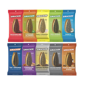 SMACKIN' Sunflower Seeds packaging bags for convenient on-the-go snacking.