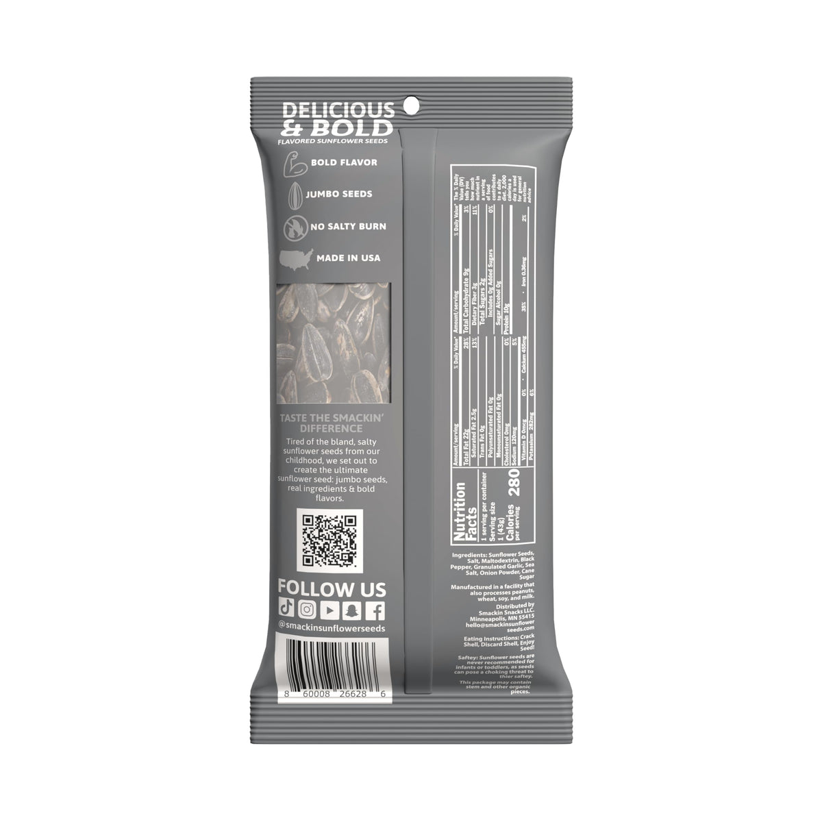 SMACKIN' Sunflower Seeds packaging foil-bag with 1.5oz serving