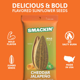 SMACKIN' Sunflower Seeds roasted jumbo seeds delivering satisfying crunch and big flavor.