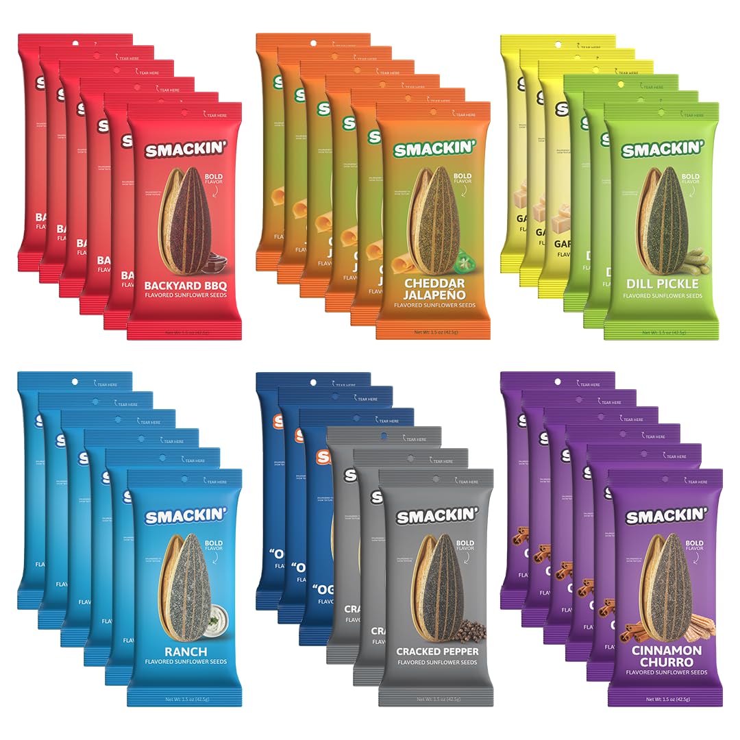 SMACKIN' Sunflower Seeds variety pack with eight bold flavors for on-the-go snacking.