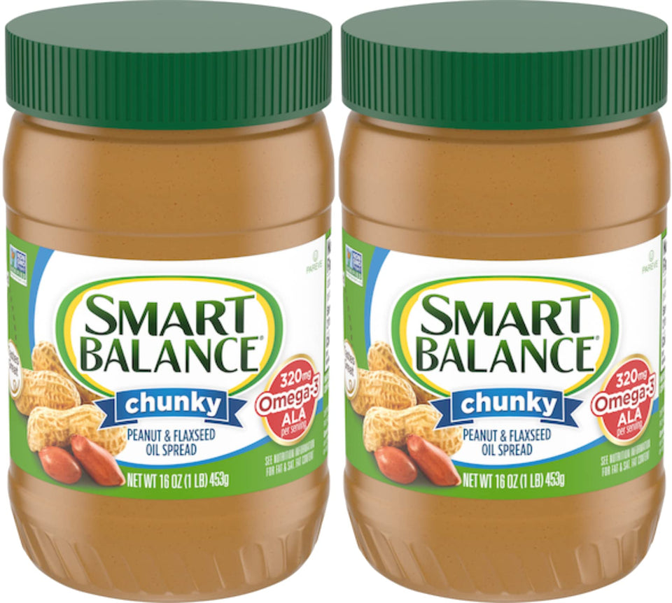 Smart Balance Rich Roast Peanut Butter jar on a kitchen counter, ready to spread.