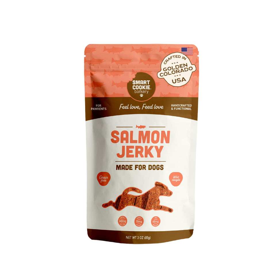 Smart Cookie Salmon Jerky pack showing premium real salmon for rewards.