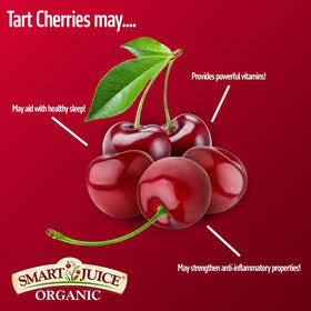 Smart Juice Organic Tart Cherry Juice bottle-closeup features label details and bottle texture.