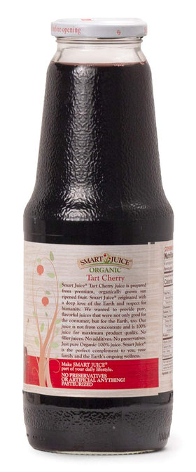 Smart Juice Organic Tart Cherry Juice bottle-pour demonstrates easy pouring for smoothies and beverages.