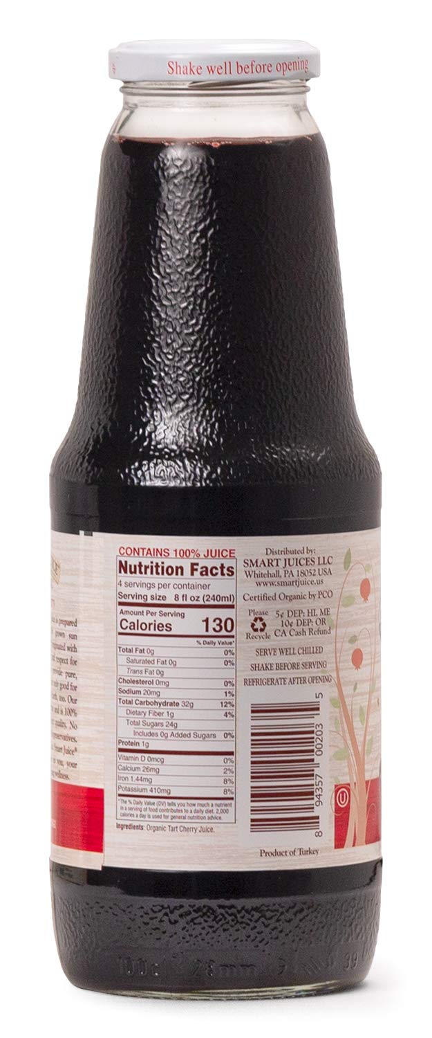 Smart Juice Organic Tart Cherry Juice pack-6 front label highlights 100% juice authenticity.