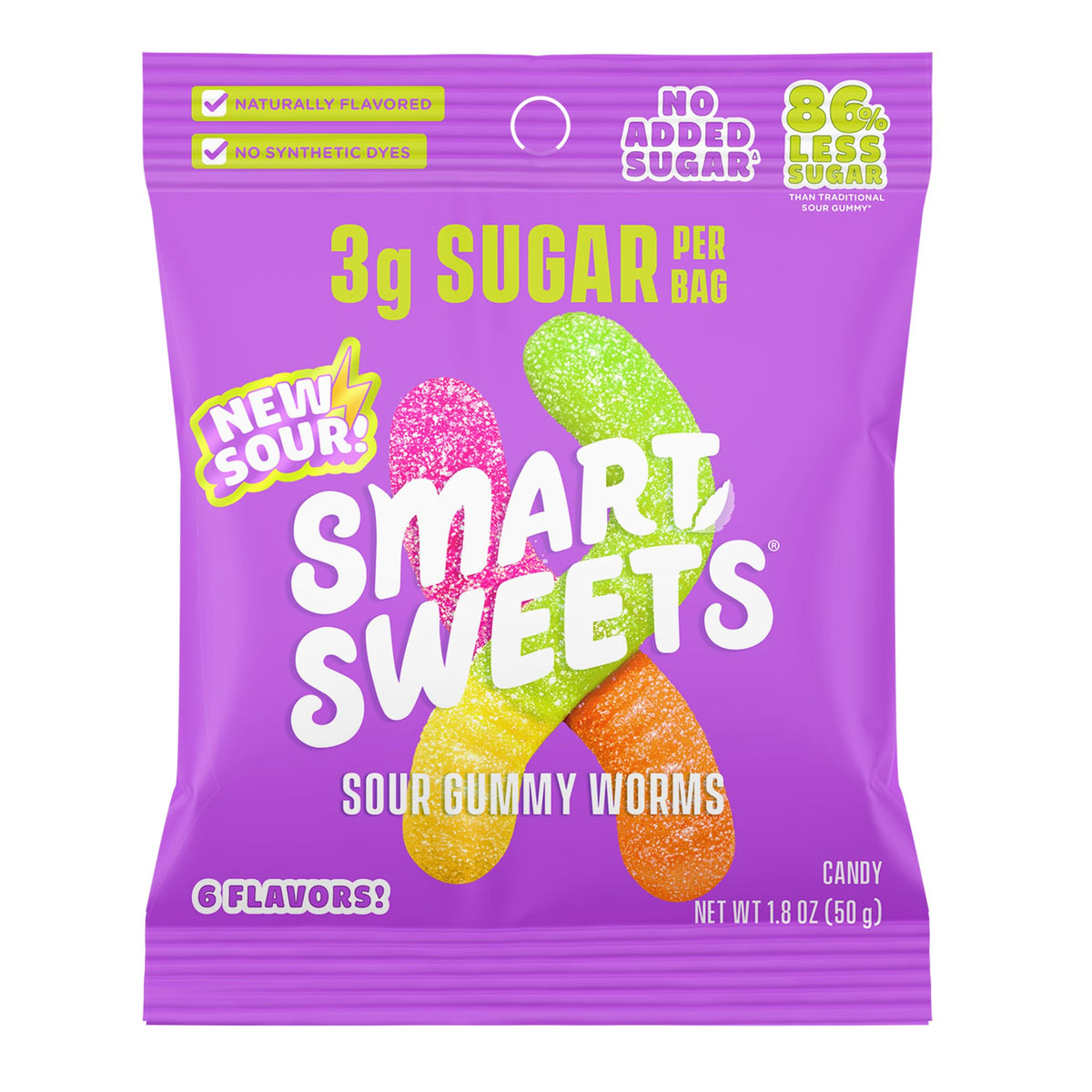 SmartSweets Gummy Worms blue raspberry and cherry flavor, gluten-free and low-sugar.