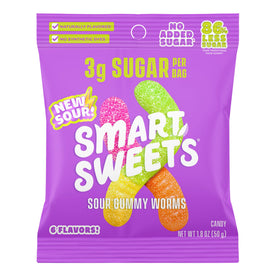 SmartSweets Gummy Worms blue raspberry and cherry flavor, gluten-free and low-sugar.