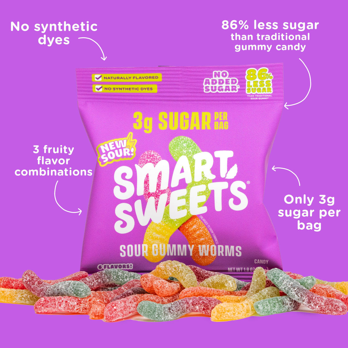 SmartSweets Gummy Worms close-up, bright colors showcase fruit flavors.