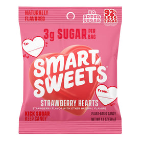 SmartSweets Strawberry Hearts bag with bright red gummies, a gluten-free plant-based snack for kids and adults.