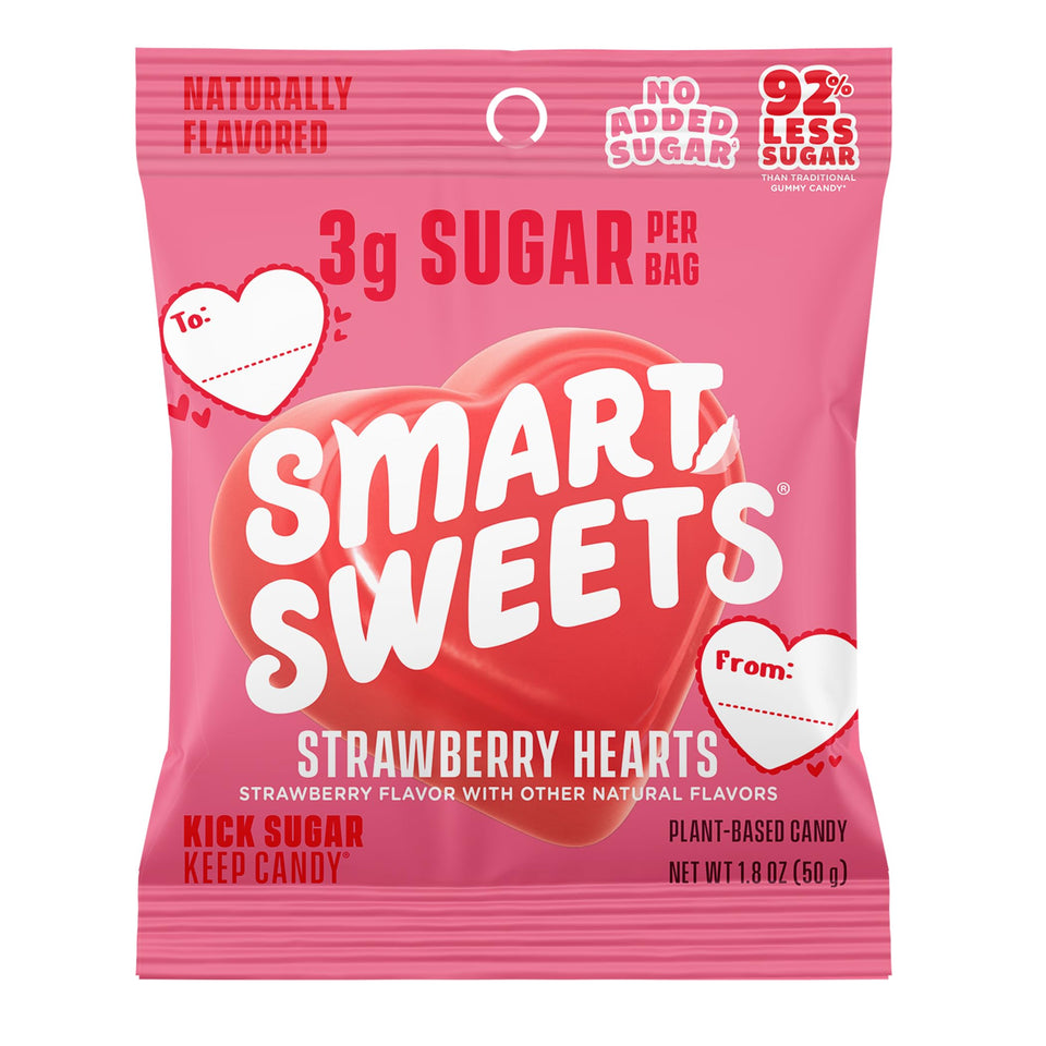SmartSweets Strawberry Hearts bag with bright red gummies, a gluten-free plant-based snack for kids and adults.