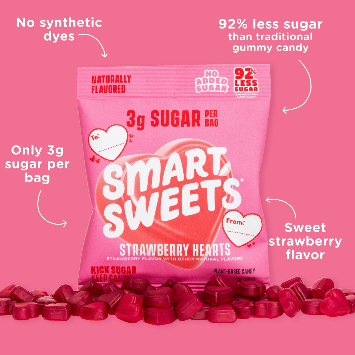 SmartSweets Strawberry Hearts celebration board displays glistening red gummies ideal for gifting.