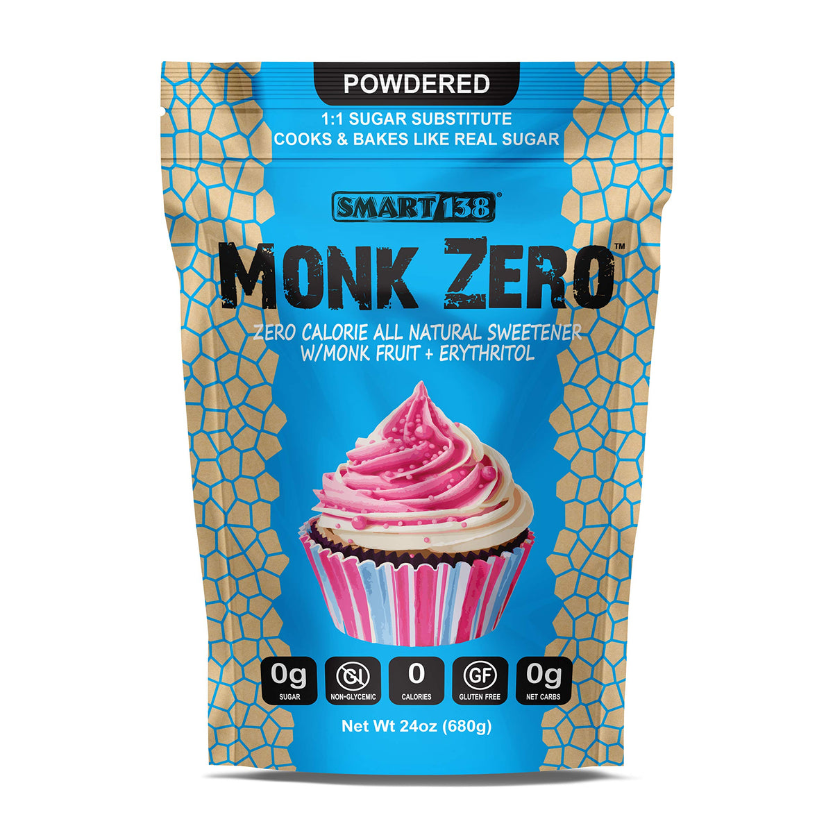 Smart138 Monk Zero powdered sweetener package illustrates zero calories and keto-friendly sweetness.