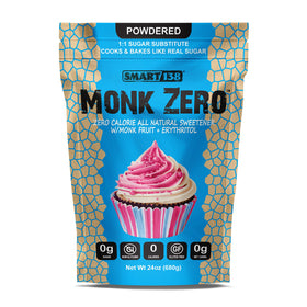Smart138 Monk Zero powdered sweetener package illustrates zero calories and keto-friendly sweetness.