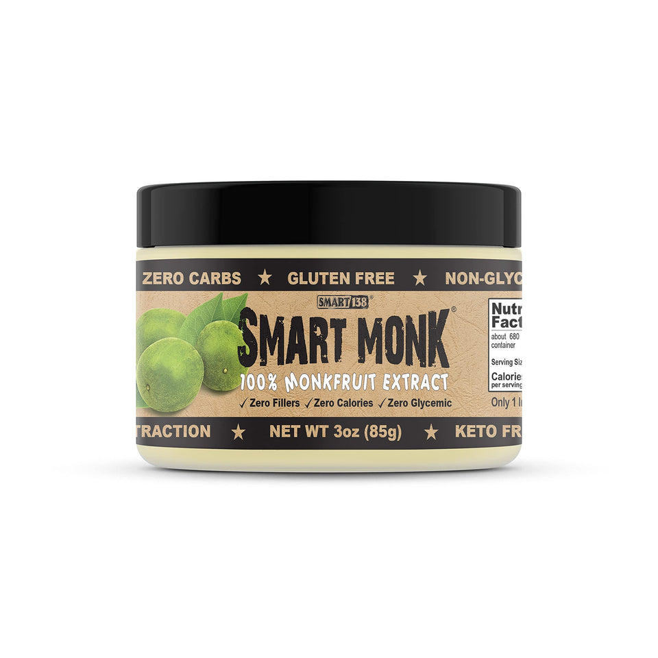 Smart138 Smart Monk bottle front shows pure monkfruit extract for zero-calorie sweetness.