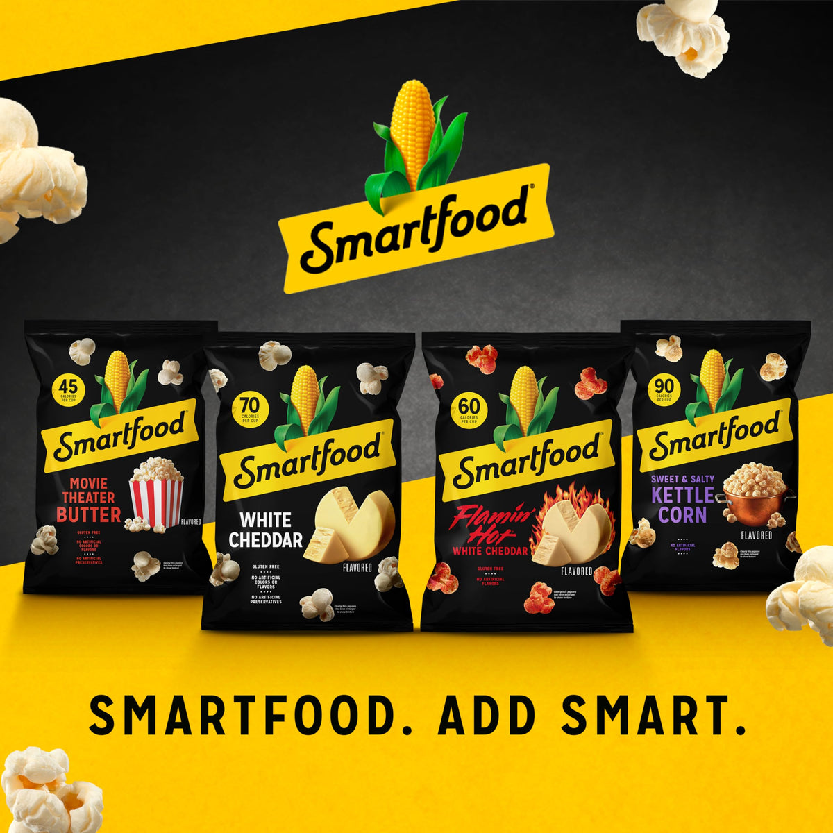 Smartfood Popcorn Flamin' Hot White Cheddar bag close-up, bold flavor on demand.