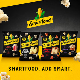 Smartfood Popcorn Flamin' Hot White Cheddar bag close-up, bold flavor on demand.