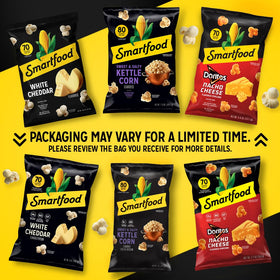 Smartfood popcorn pouring into bowl shows air-popped light texture and crunch