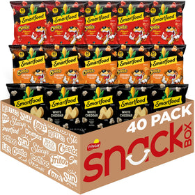 Smartfood Popcorn Variety Pack flatlay, ideal for on-the-go snacking.