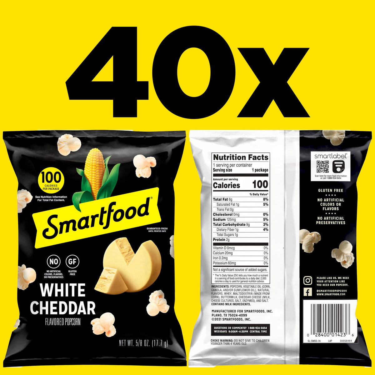 Smartfood white cheddar popcorn on shelf emphasizes real cheese flavor for snack lovers