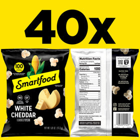 Smartfood white cheddar popcorn on shelf emphasizes real cheese flavor for snack lovers