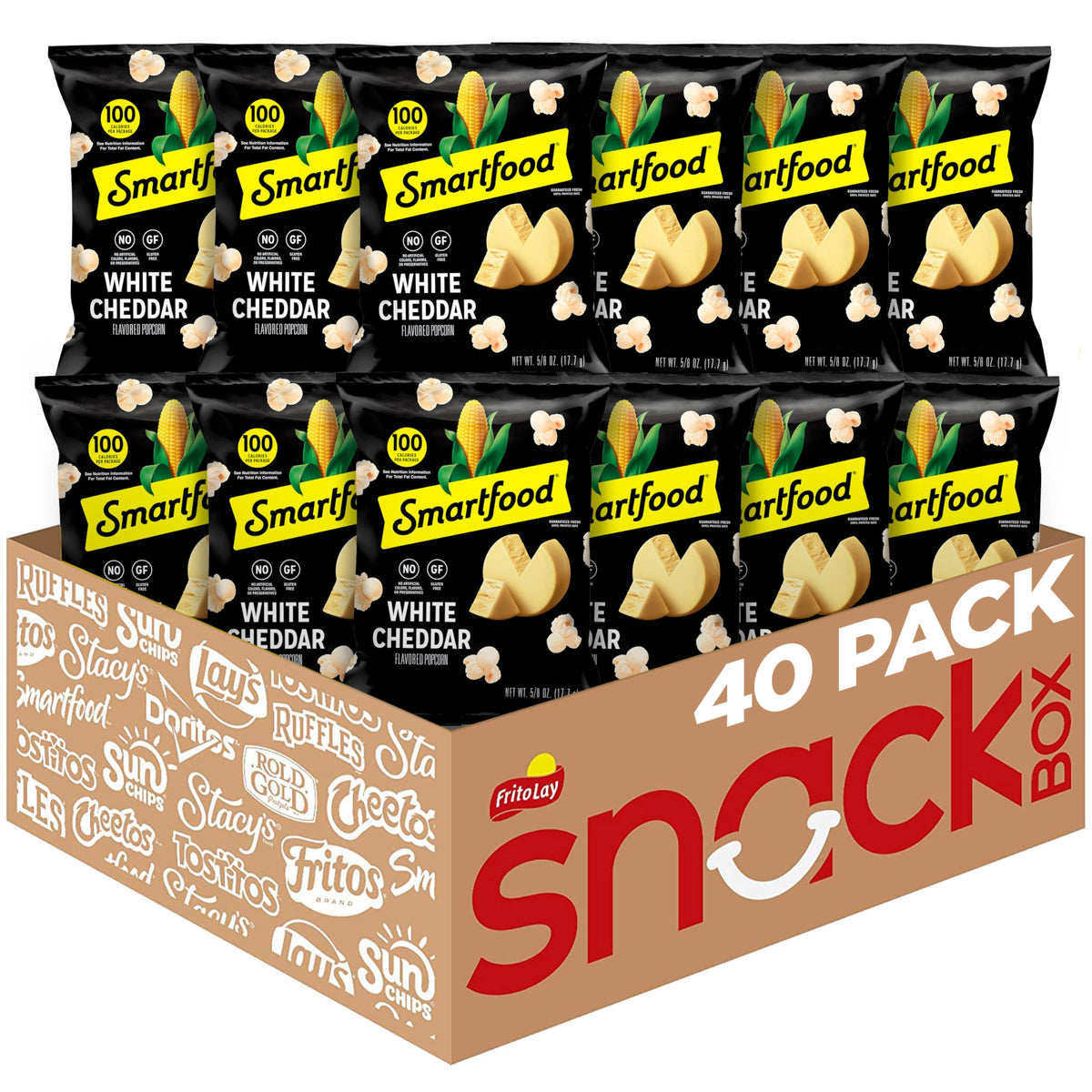 Smartfood White Cheddar popcorn bags front, convenient 0.625 oz portions for snack time