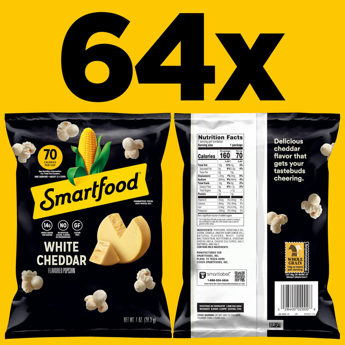 Smartfood White Cheddar popcorn close-up, highlighting cheesy flavor.