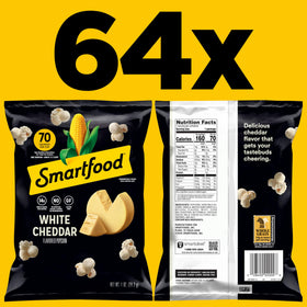 Smartfood White Cheddar popcorn close-up, highlighting cheesy flavor.