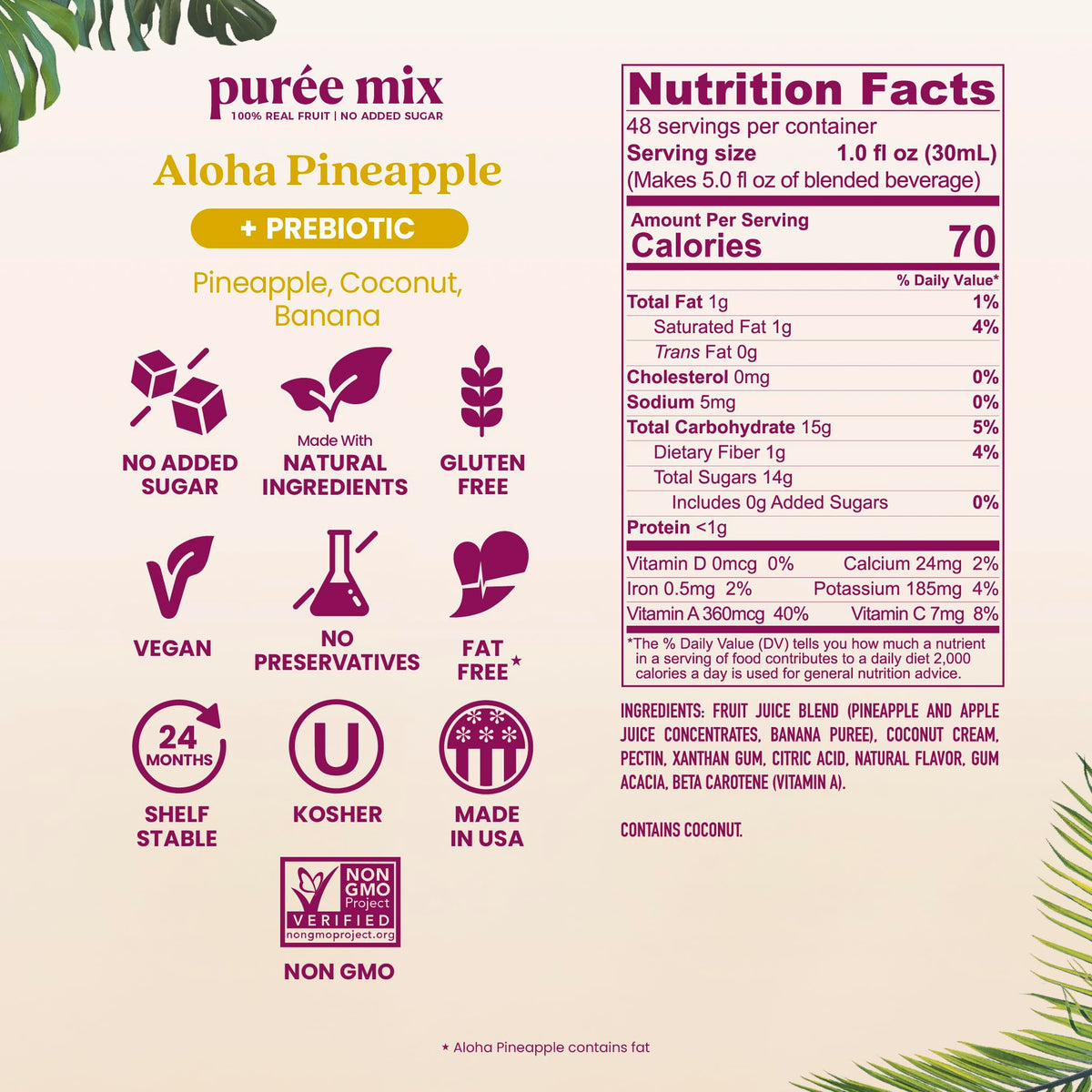 Smartfruit Aloha Pineapple Purée on a kitchen counter for home recipes