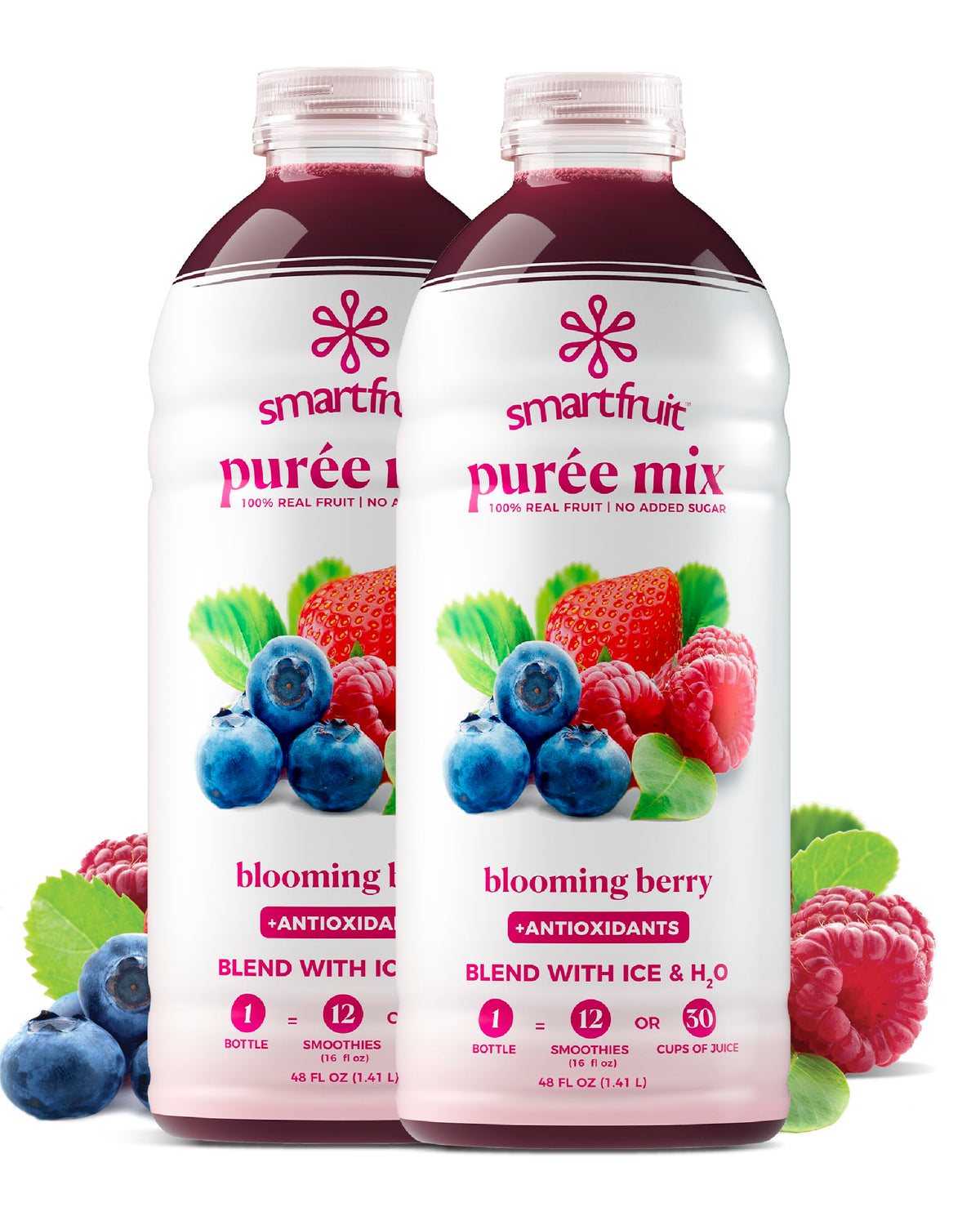 Smartfruit Blooming Berry purée bottle pour for easy smoothie prep and flavor boost.