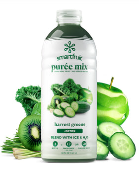 Smartfruit Harvest Greens + Detox bottle on a kitchen shelf for real fruit purée.