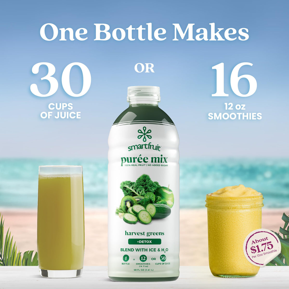 Smartfruit Harvest Greens + Detox being poured into a glass for a fruity drink.