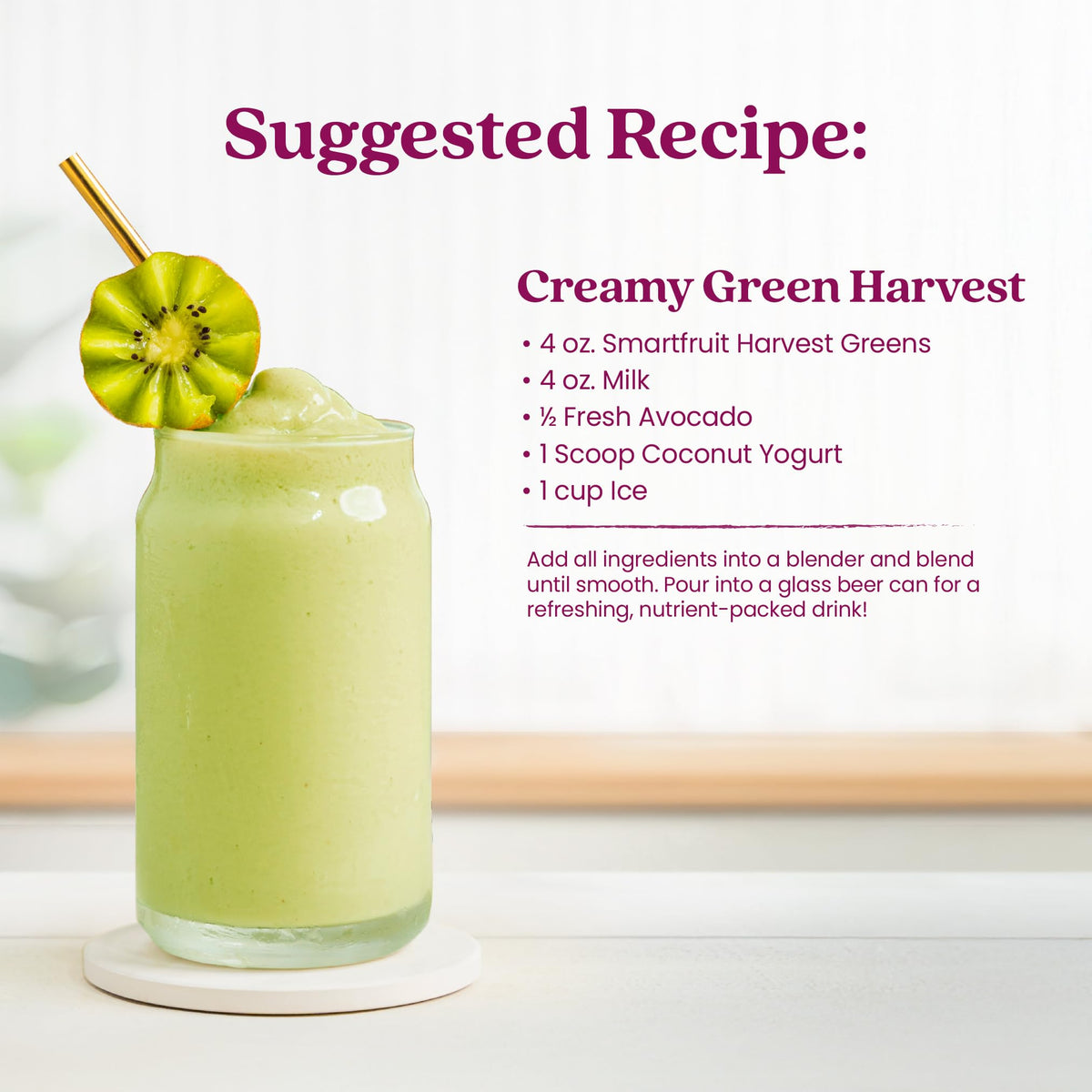 Smartfruit Harvest Greens and Detox in a glass smoothie ready