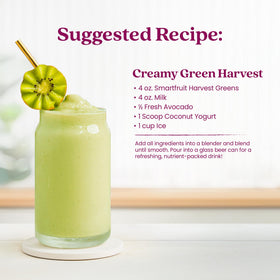 Smartfruit Harvest Greens and Detox in a glass smoothie ready