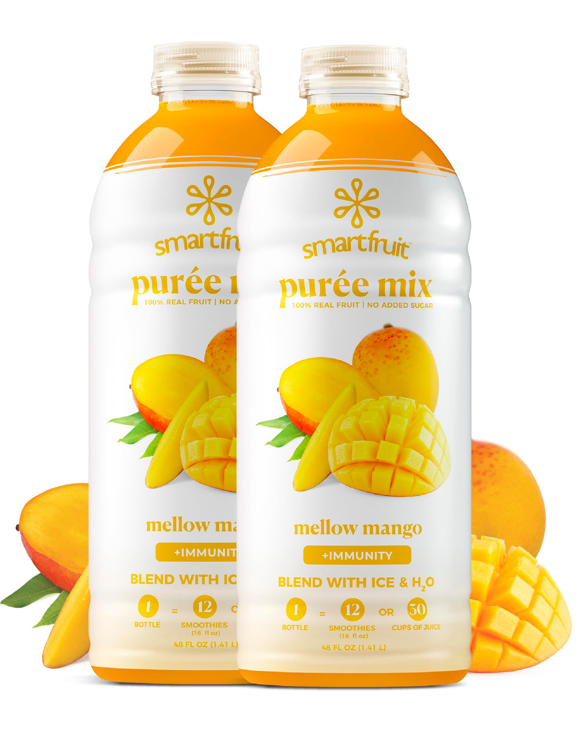 Smartfruit Mellow Mango Immunity bottle on kitchen counter ready for smoothies.