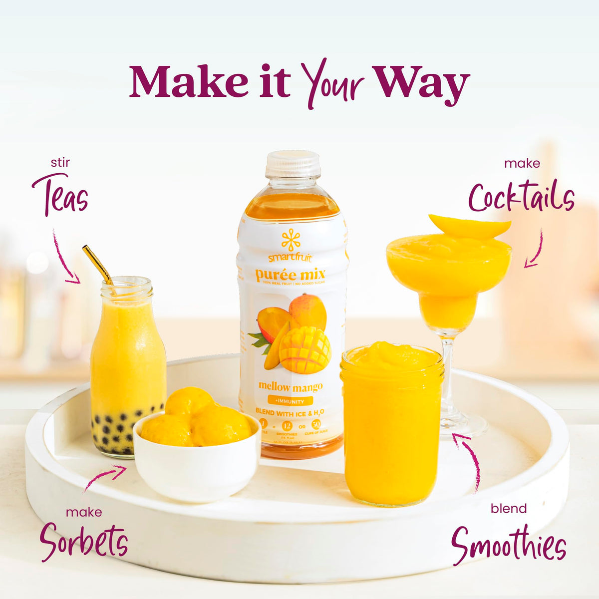 Close-up of the Smartfruit Mellow Mango Immunity label showing real fruit purée.