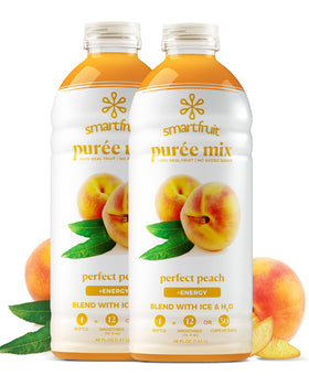 Smartfruit Perfect Peach + Energy bottle front shows real fruit purée for smoothies.