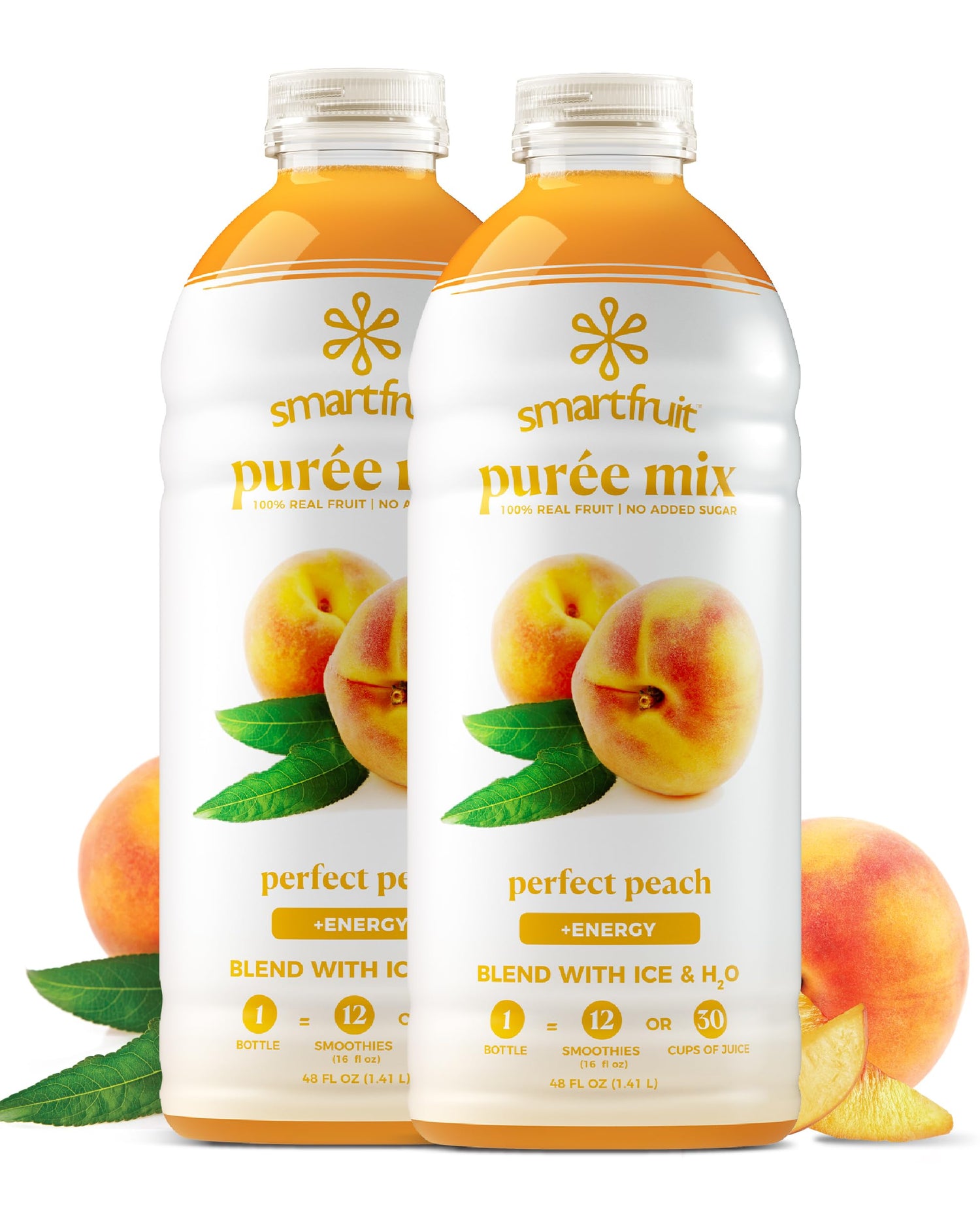 Smartfruit Perfect Peach + Energy bottle front shows real fruit purée for smoothies.