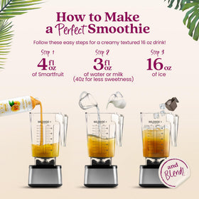 Smartfruit Perfect Peach Energy being poured into a glass, showing smooth texture