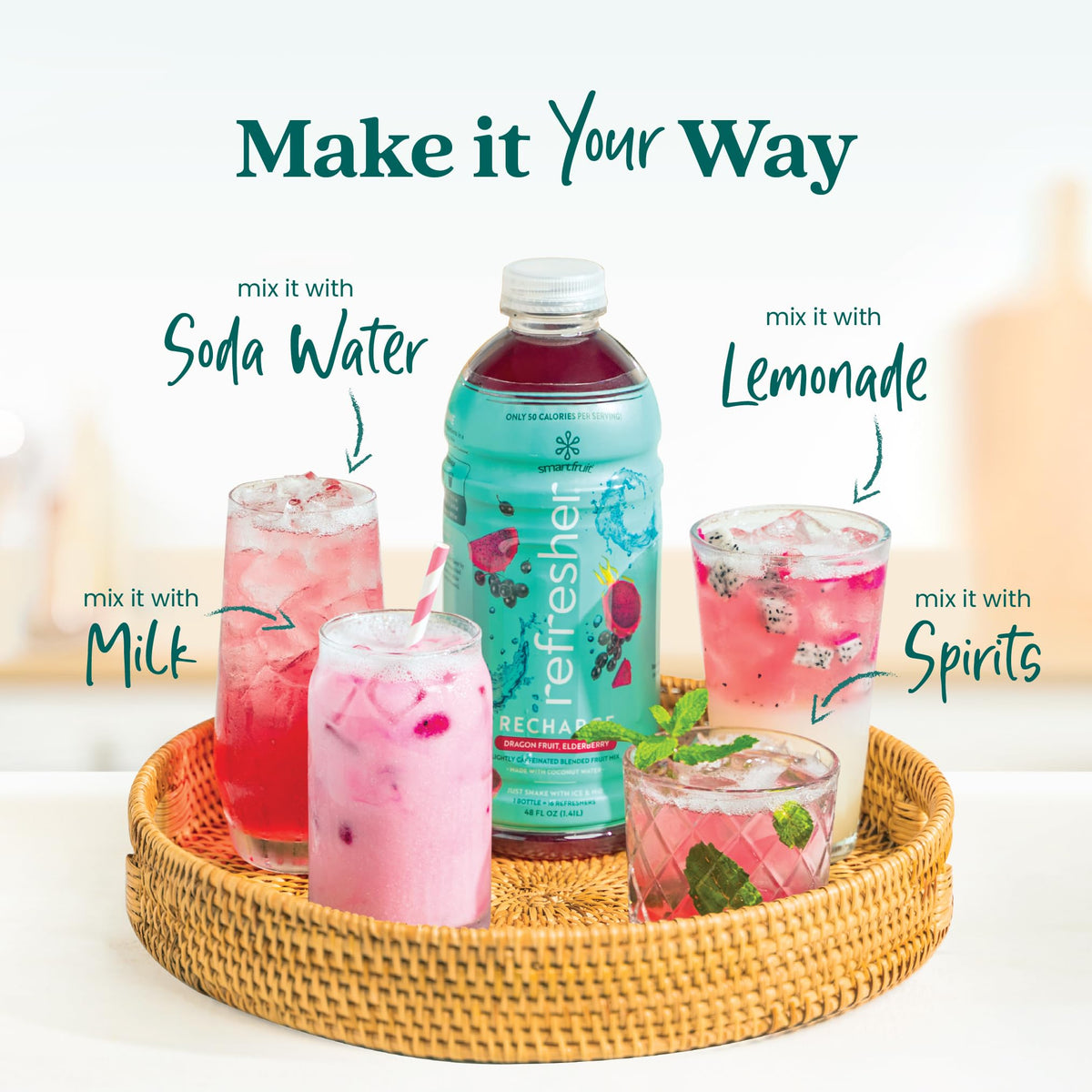 Smartfruit Recharge Refresher ingredients pack highlighting real fruit juice and natural ingredients.