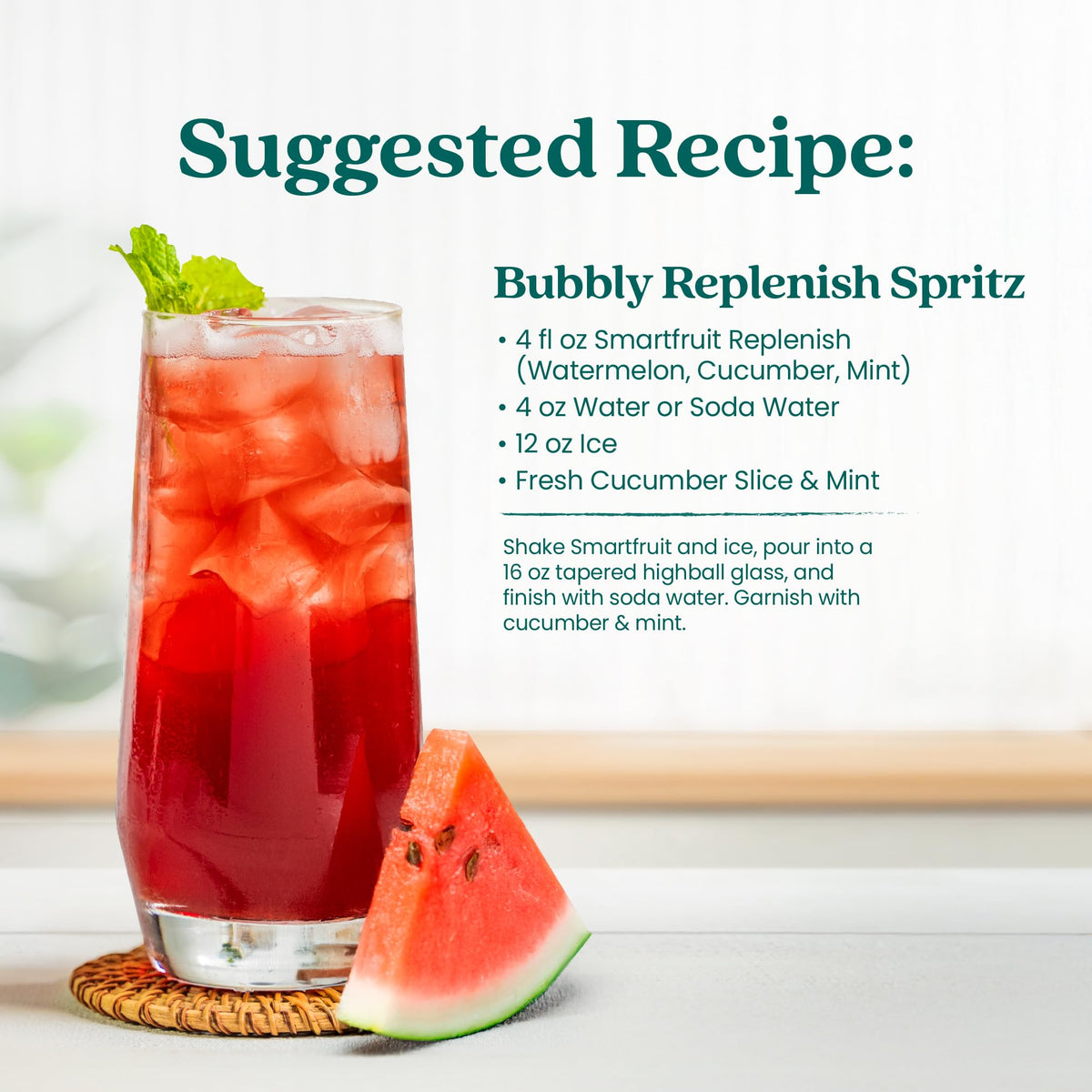 Home bar scene shows Smartfruit Refresher as a versatile mixer.
