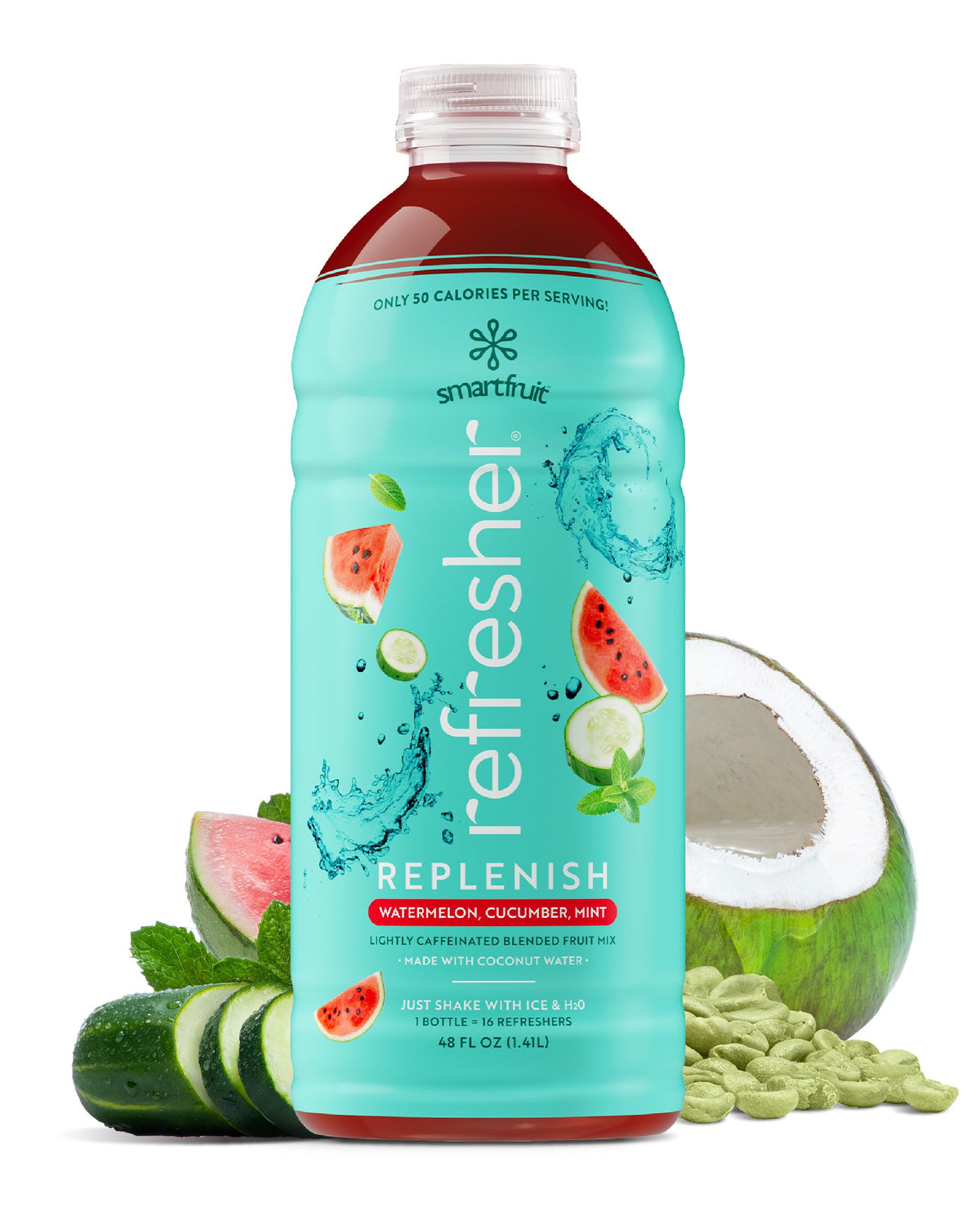 Smartfruit Replenish Refresher bottle with watermelon, cucumber, and mint flavor for hydration.