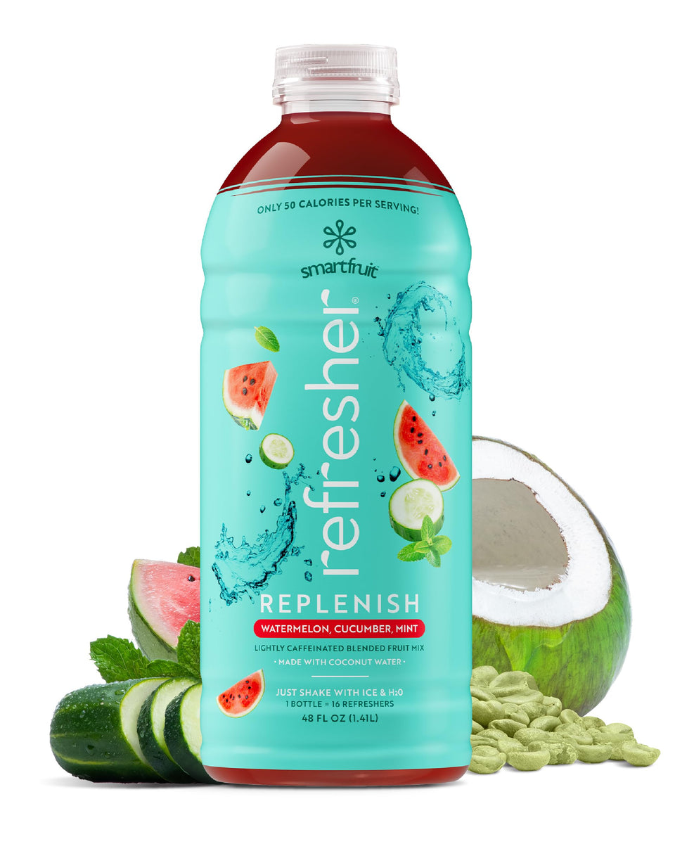 Smartfruit Replenish Refresher bottle with watermelon, cucumber, and mint flavor for hydration.